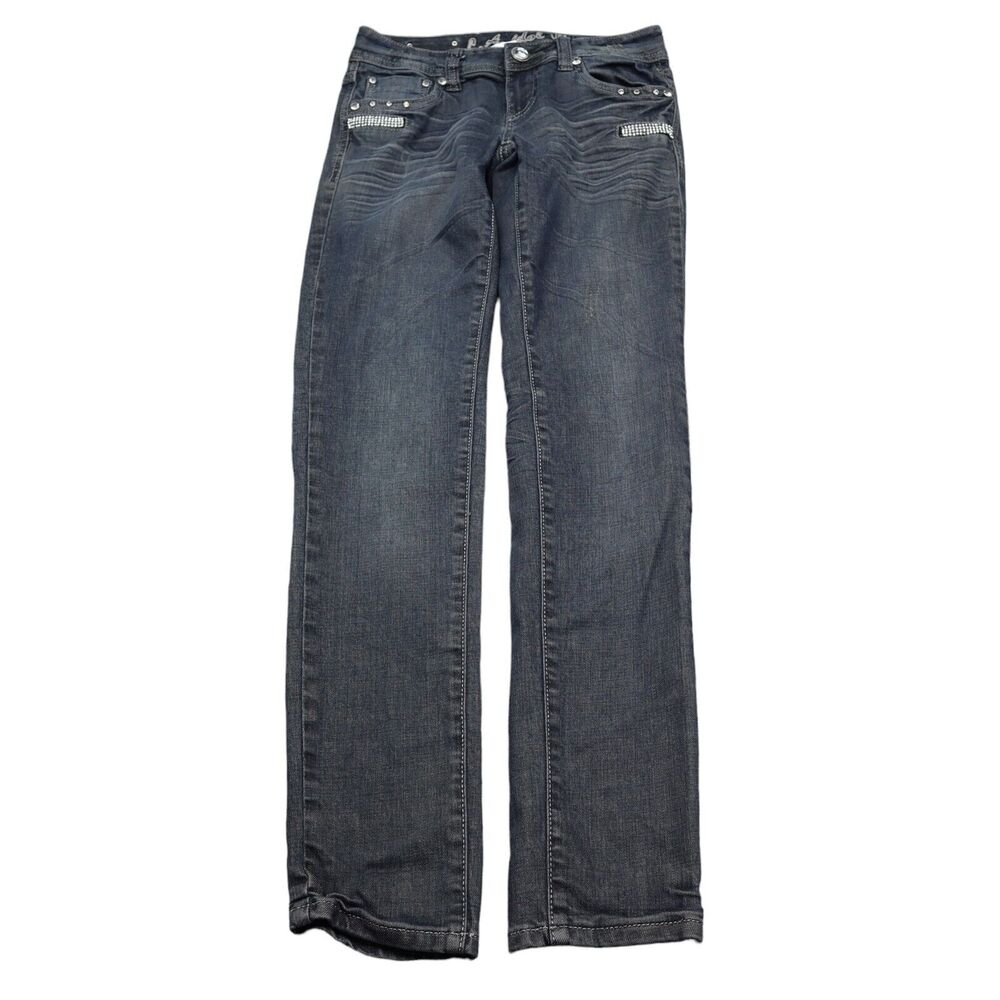 LA Idol Pants Womens 3 Blue Straight Low Rise Rhinestone Pocket Zip Denim Jeans